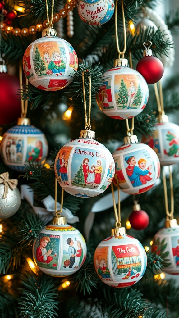 Colorful Christmas card ball ornaments on a decorated tree.